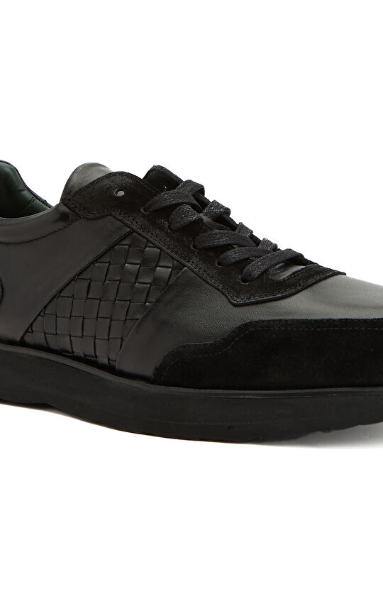 Siyah Örgü Detaylı Erkek Deri Sneaker