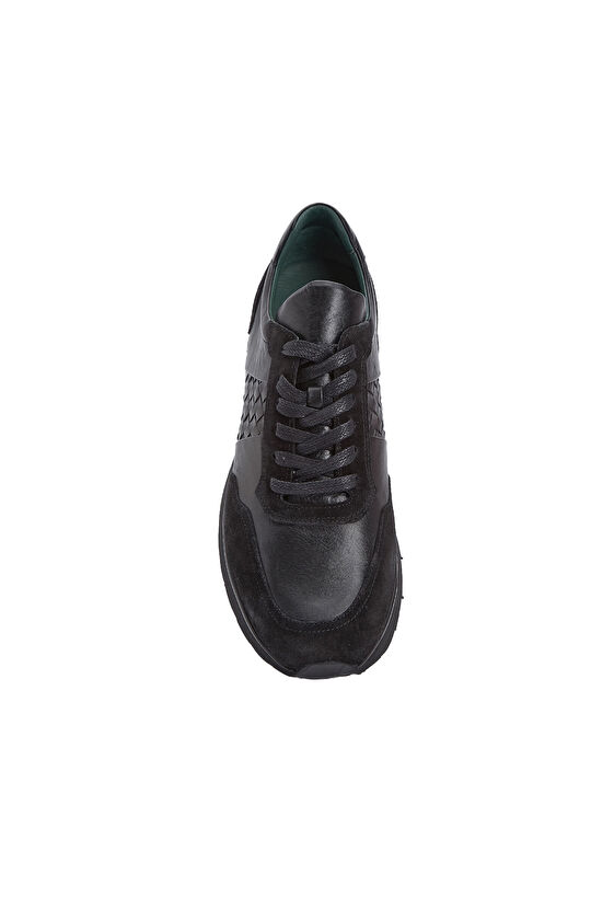 Siyah Örgü Detaylı Erkek Deri Sneaker