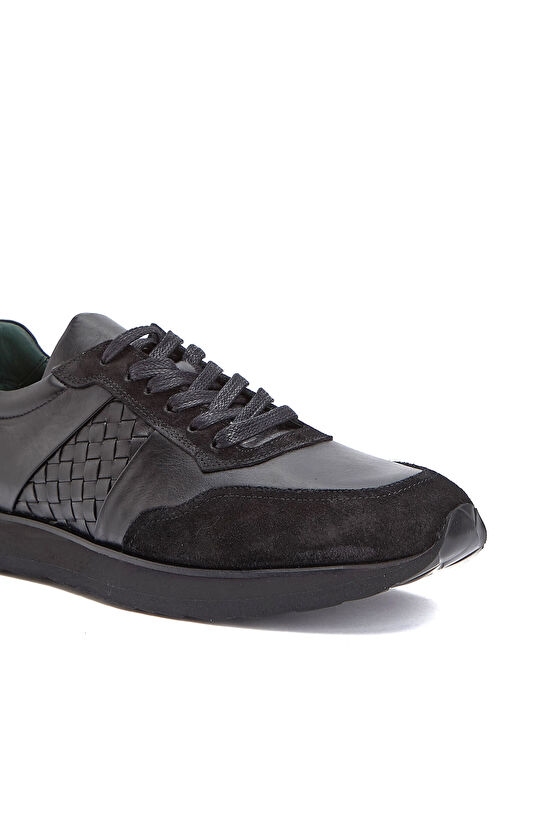 Siyah Örgü Detaylı Erkek Deri Sneaker