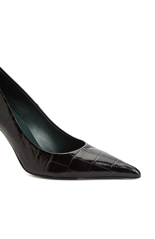 Siyah Kroko Desenli Kadın Deri Topuklu Ayakkabı