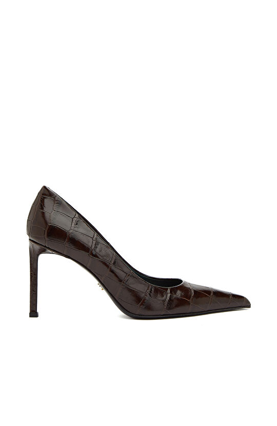 Kahverengi Kroko Desenli Kadın Deri Topuklu Ayakkabı