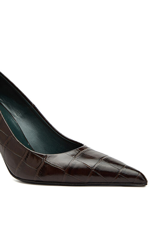 Kahverengi Kroko Desenli Kadın Deri Topuklu Ayakkabı