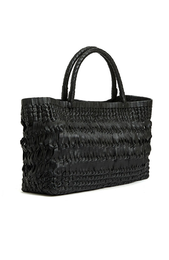 Black Knit Leather Women's Shopper Bag