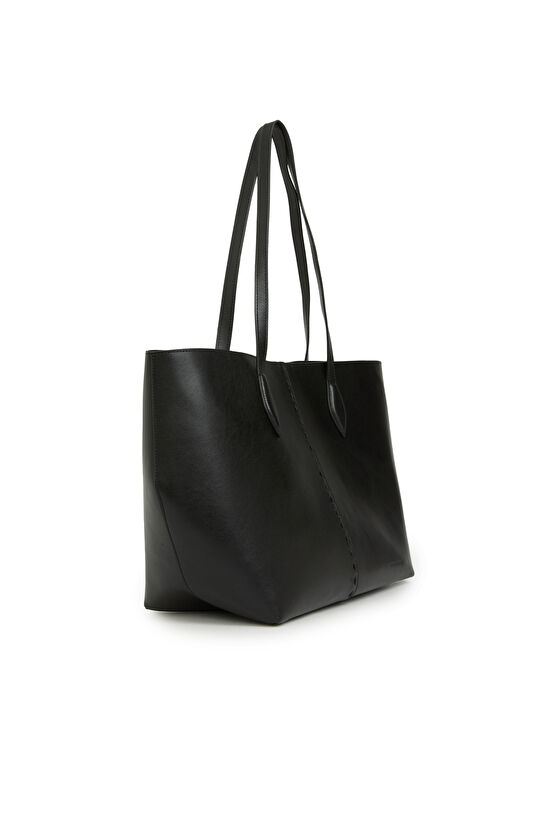 Siyah Saraç Detaylı Kadın Deri Alışveriş Çantası