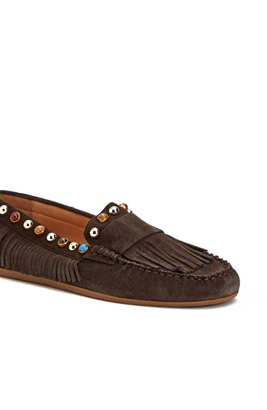 Acı Kahve Taşlı Püsküllü Kadın Süet Loafer