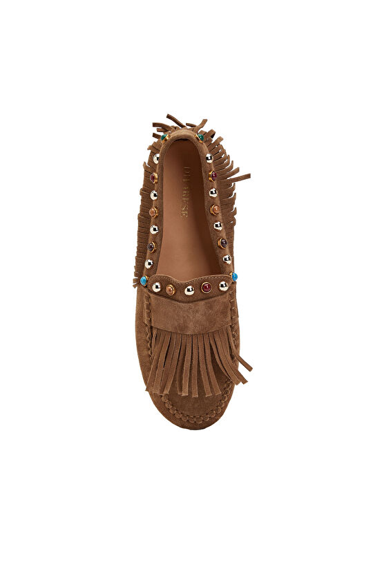 Tütün Taşlı Püsküllü Kadın Süet Loafer