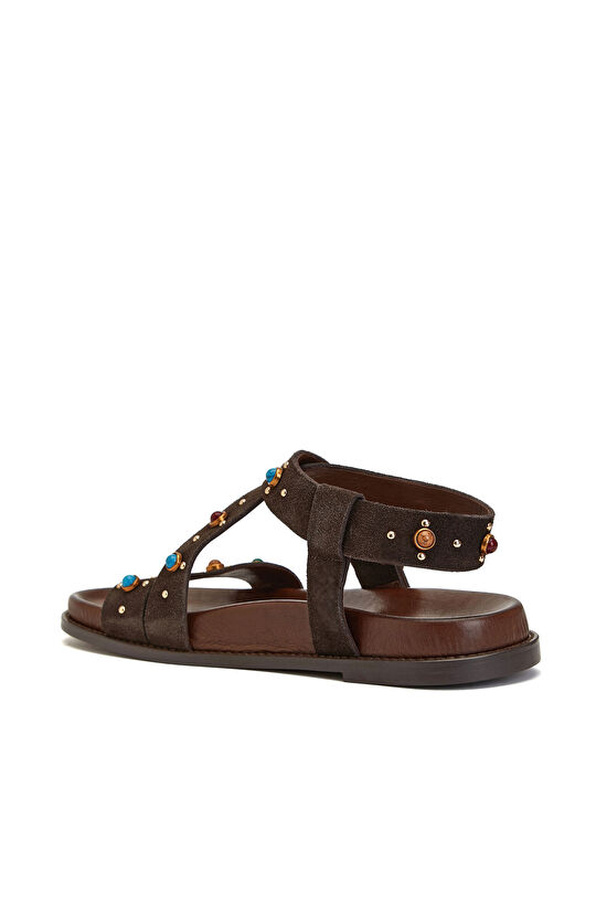 Acı Kahve Taşlı Püsküllü Kadın Süet Sandalet