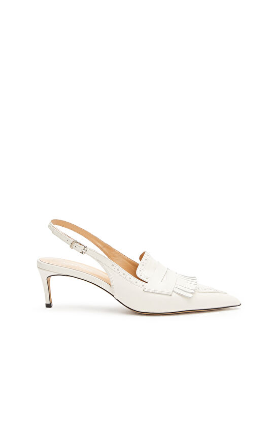 Kırık Beyaz Püskül Detaylı Deri Topuklu Ayakkabı