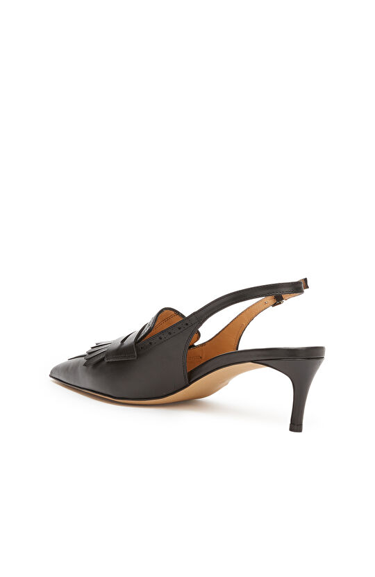 Siyah Püskül Detaylı Deri Topuklu Ayakkabı