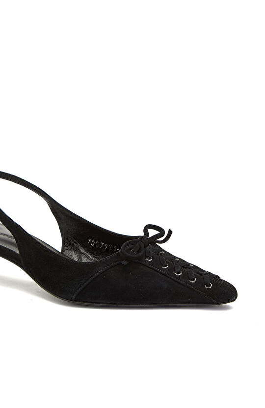 Siyah Bağcık Detaylı Süet Topuklu Ayakkabı