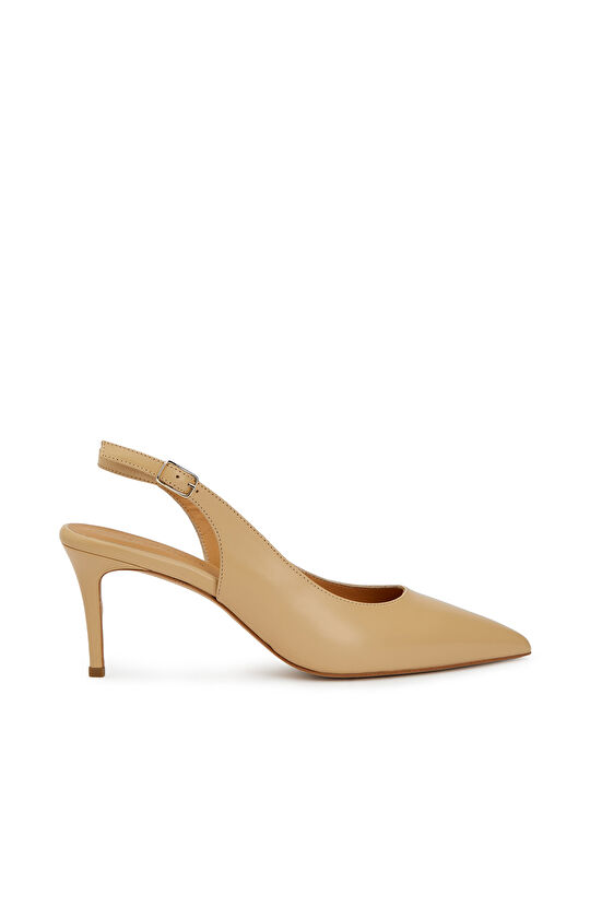 Bej Deri Topuklu Ayakkabı