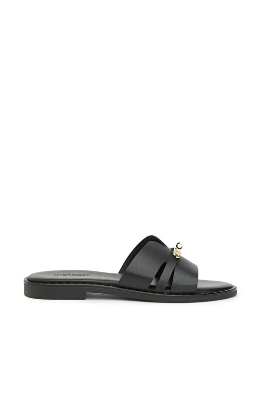 Black Buckle Detailed Women's Leather Slippers
