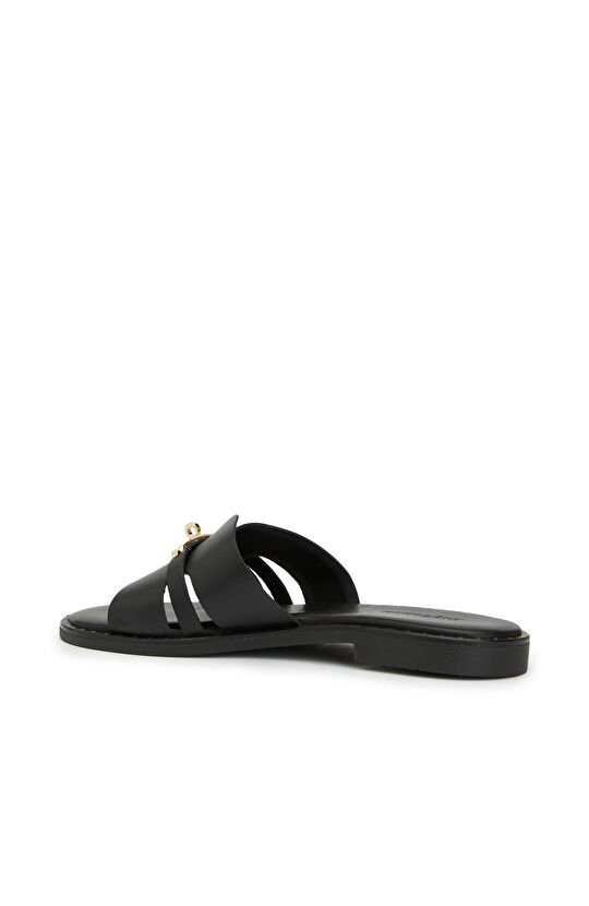 Black Buckle Detailed Women's Leather Slippers