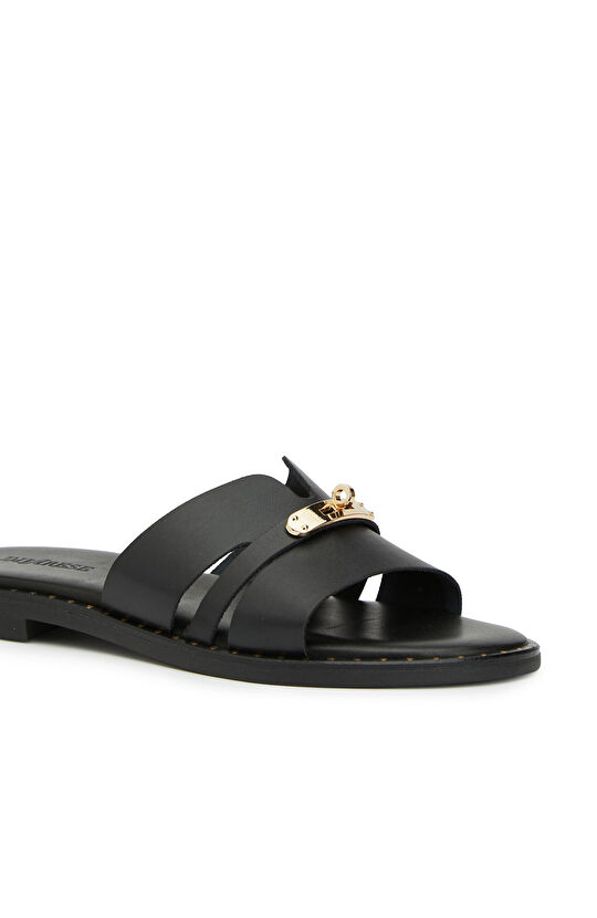 Black Buckle Detailed Women's Leather Slippers