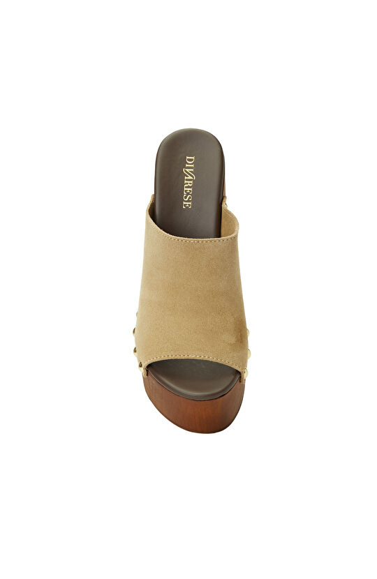 Bej Yüksek Ökçeli Kadın Süet Terlik