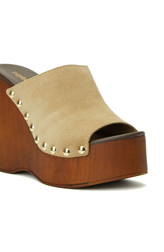 Bej Yüksek Ökçeli Kadın Süet Terlik