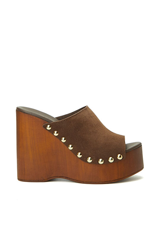 Kahverengi Yüksek Ökçeli Kadın Süet Terlik