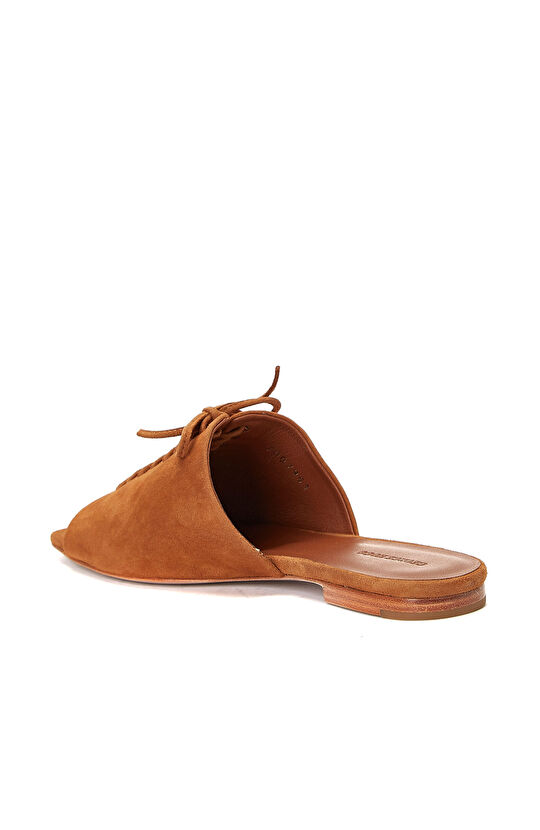 Tan Lace Detailed Women's Suede Slippers