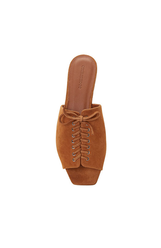 Tan Lace Detailed Women's Suede Slippers