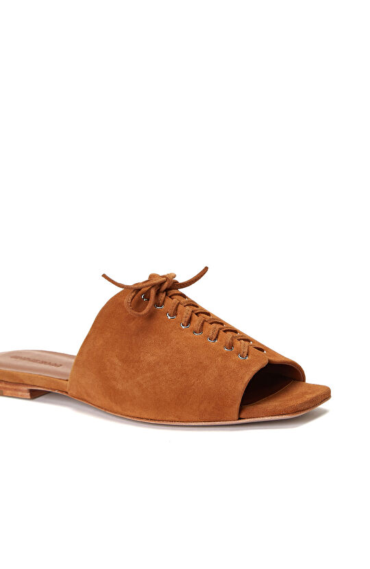 Tan Lace Detailed Women's Suede Slippers