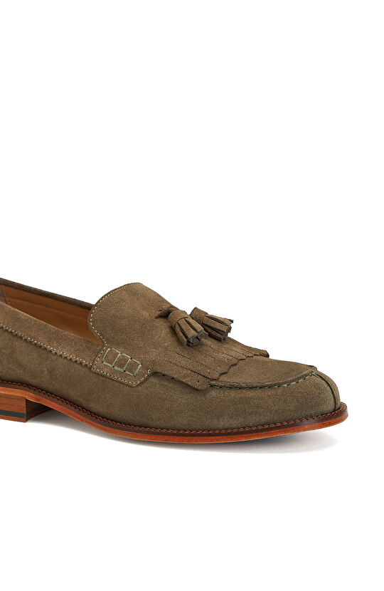 Açık Haki Püskül Detaylı Kadın Deri Loafer