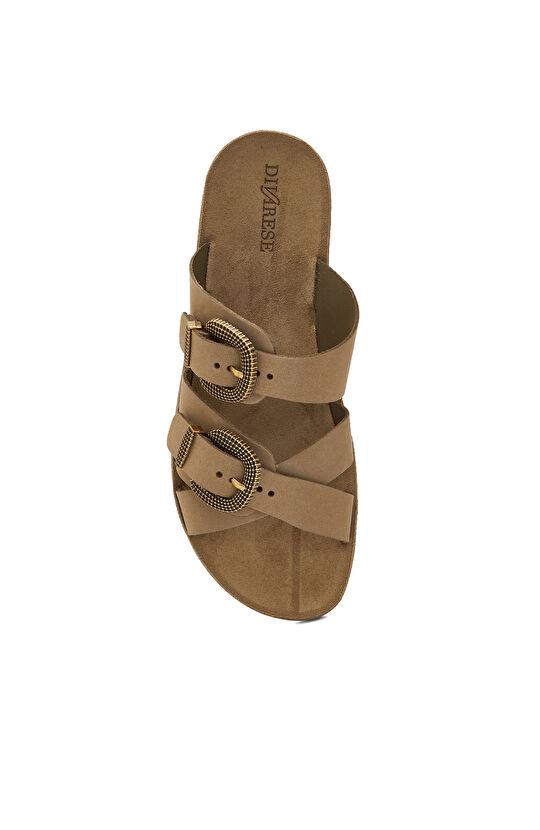 Açık Haki Kadın Deri Terlik