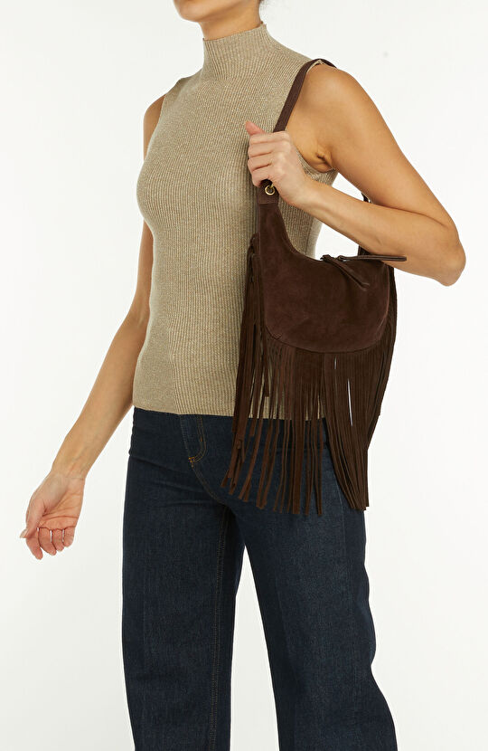 Kahverengi Püsküllü Kadın Süet Çanta