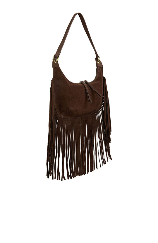 Kahverengi Püsküllü Kadın Süet Çanta