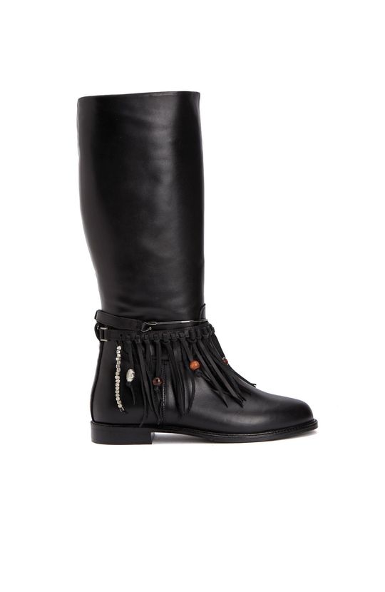 Black Tassel Detailed Women's Leather Boots