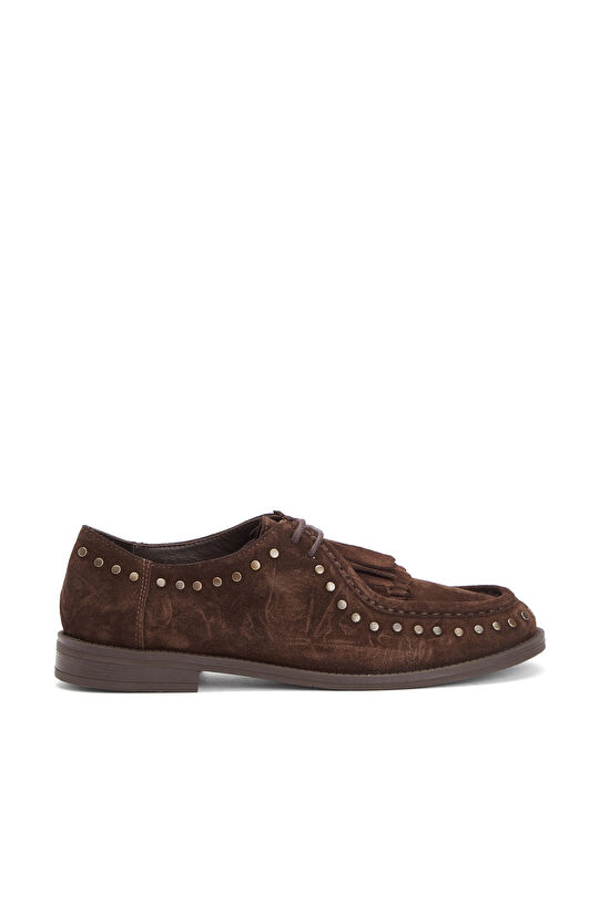 Brown Stone Tassel Detailed Women's Suede Loafer