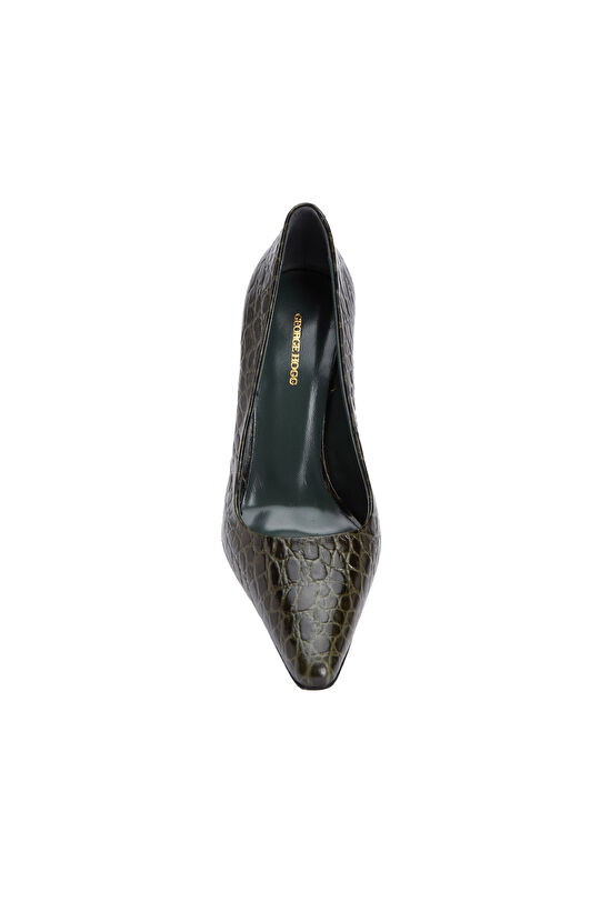 Haki Kroko Detaylı Deri Stiletto
