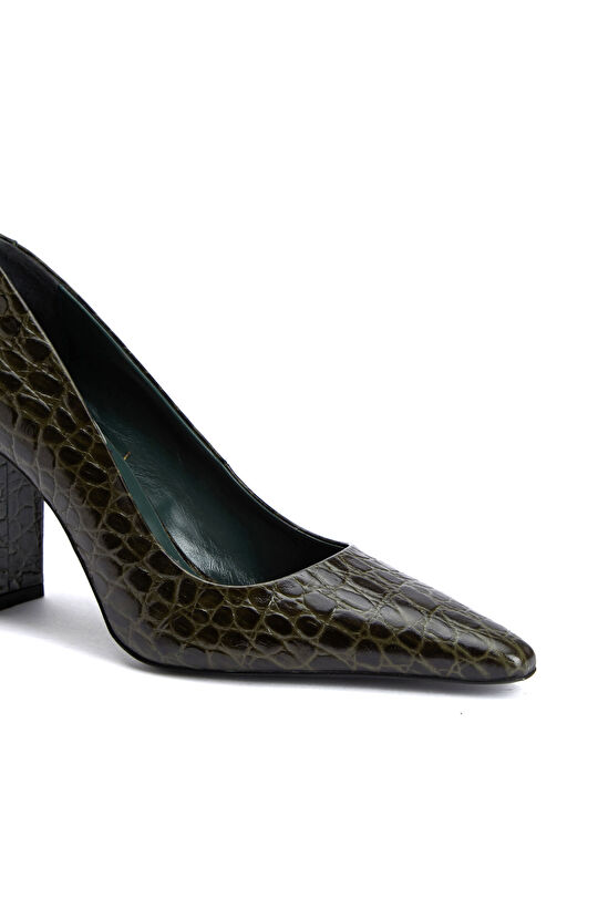 Haki Kroko Detaylı Deri Stiletto