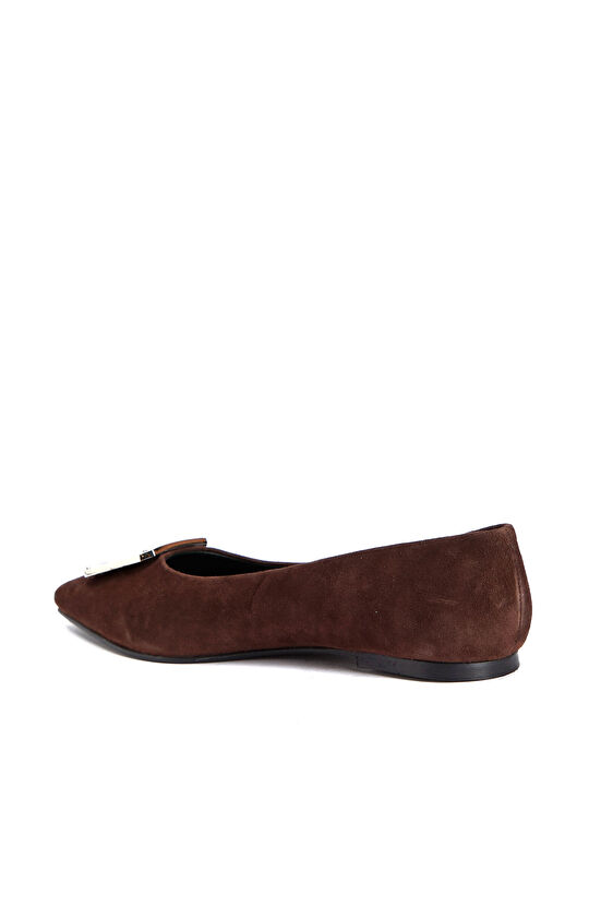 Brown Buckle Detailed Women's Suede Ballet Flats