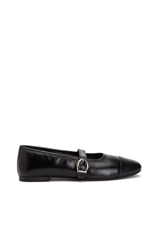 Black Buckle Detailed Women's Leather Ballet Flats