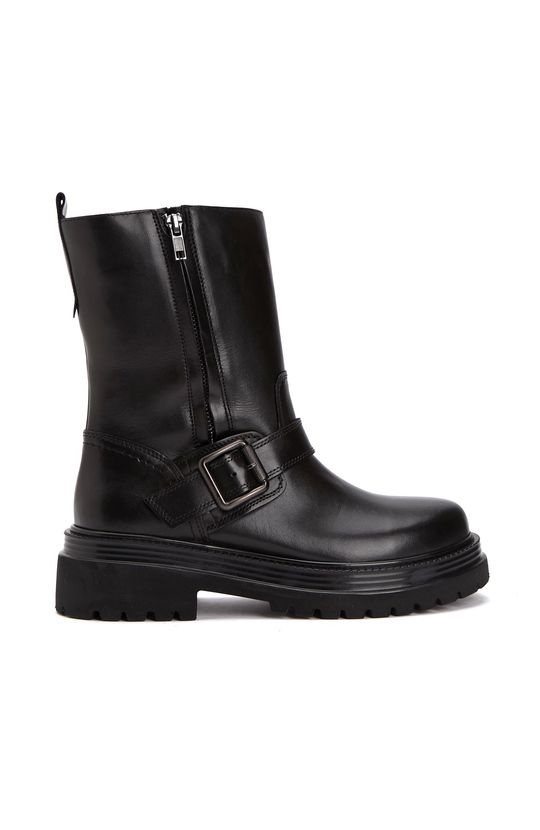 Black Buckle Detailed Women's Leather Boots