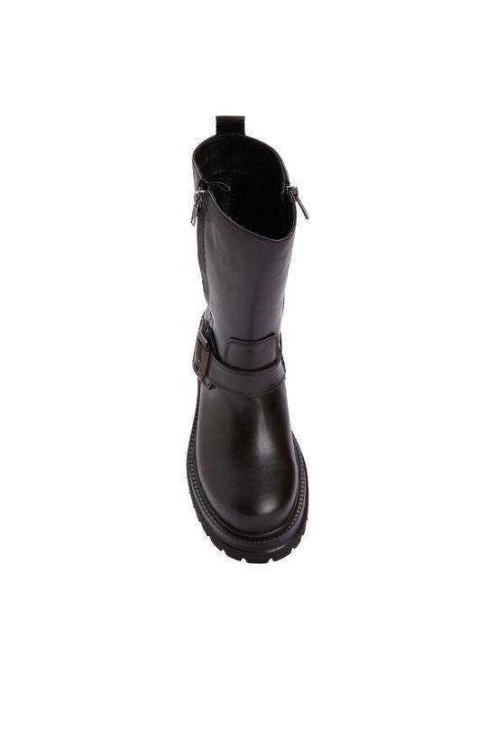 Black Buckle Detailed Women's Leather Boots