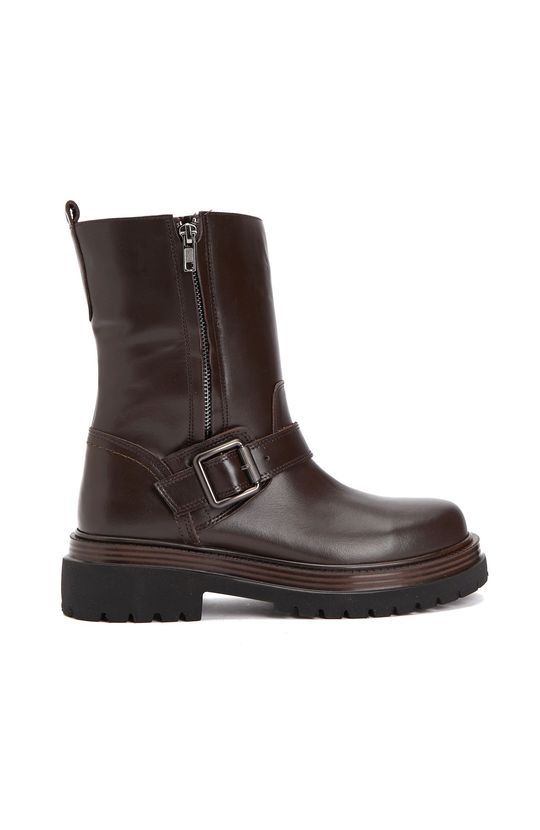 Brown Buckle Detailed Women's Leather Boots