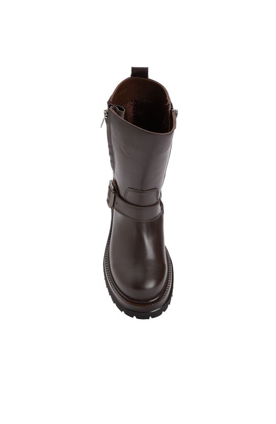 Brown Buckle Detailed Women's Leather Boots