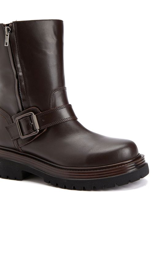 Brown Buckle Detailed Women's Leather Boots