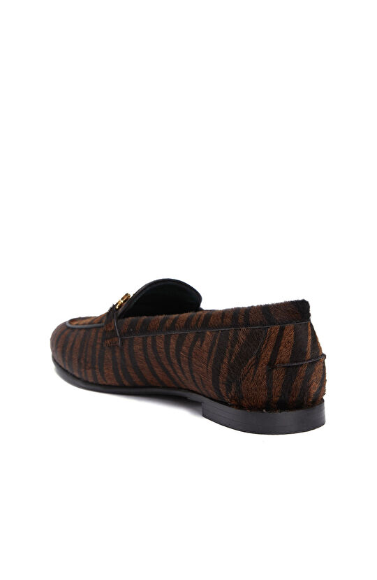 Siyah Zebra Desenli Kadın Deri Loafer