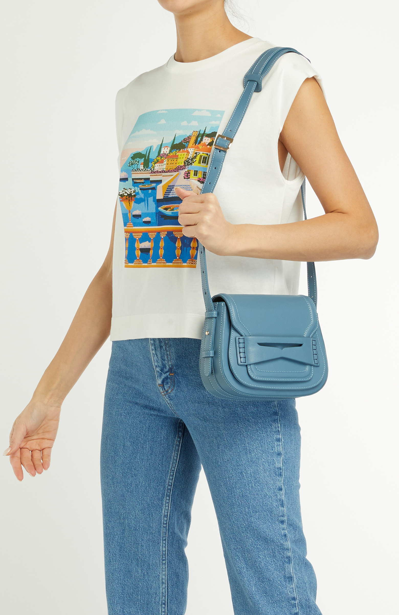 Mavi Desenli Kadın Deri Postacı Çantası