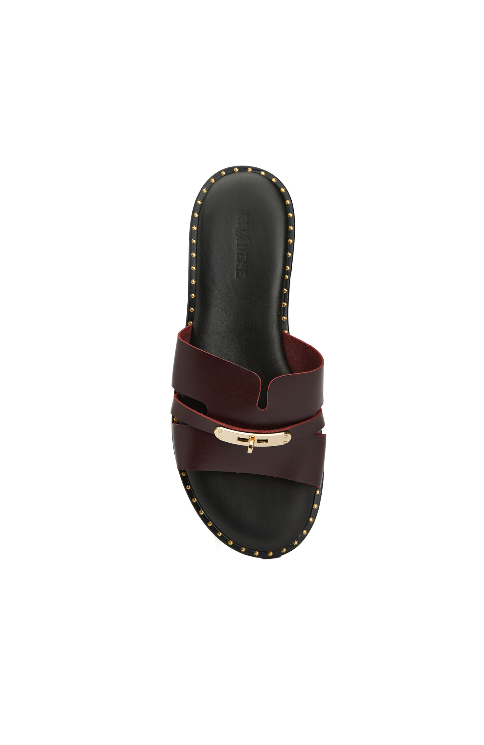 Burgundy Buckle Detailed Women's Leather Slippers