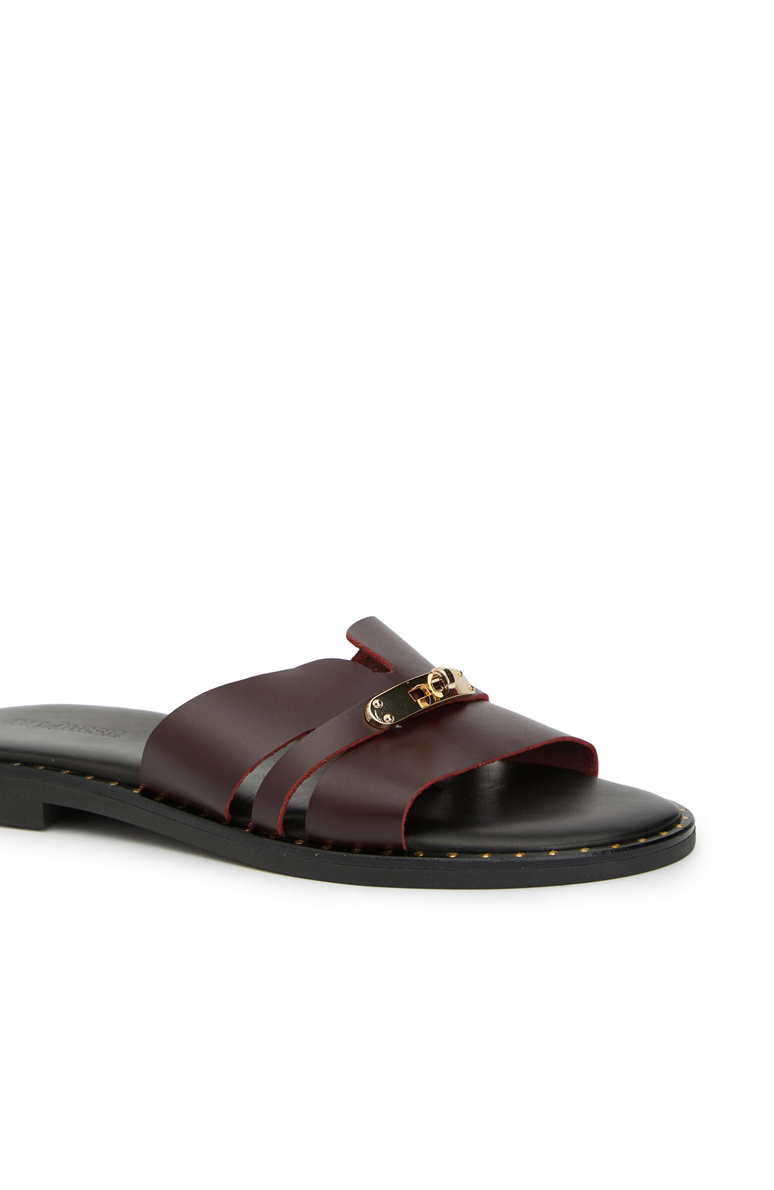 Burgundy Buckle Detailed Women's Leather Slippers