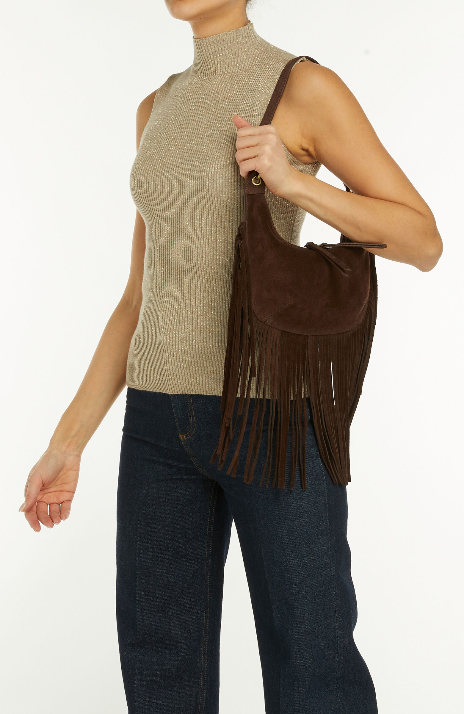 Kahverengi Püsküllü Kadın Süet Çanta