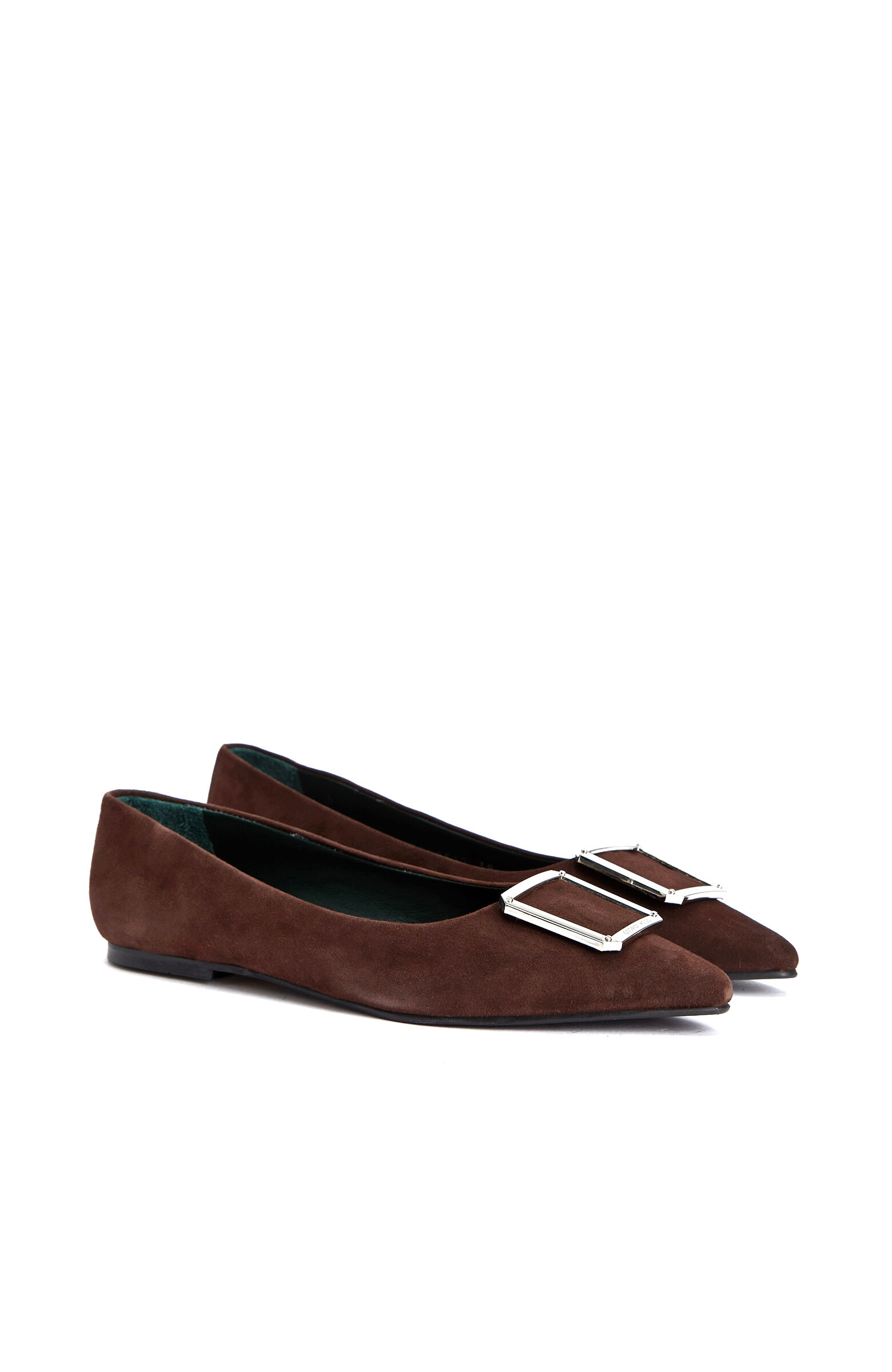 Brown Buckle Detailed Women's Suede Ballet Flats