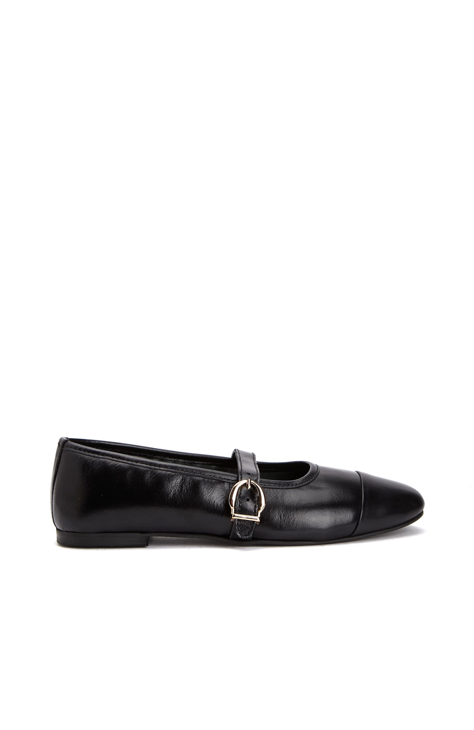Black Buckle Detailed Women's Leather Ballet Flats