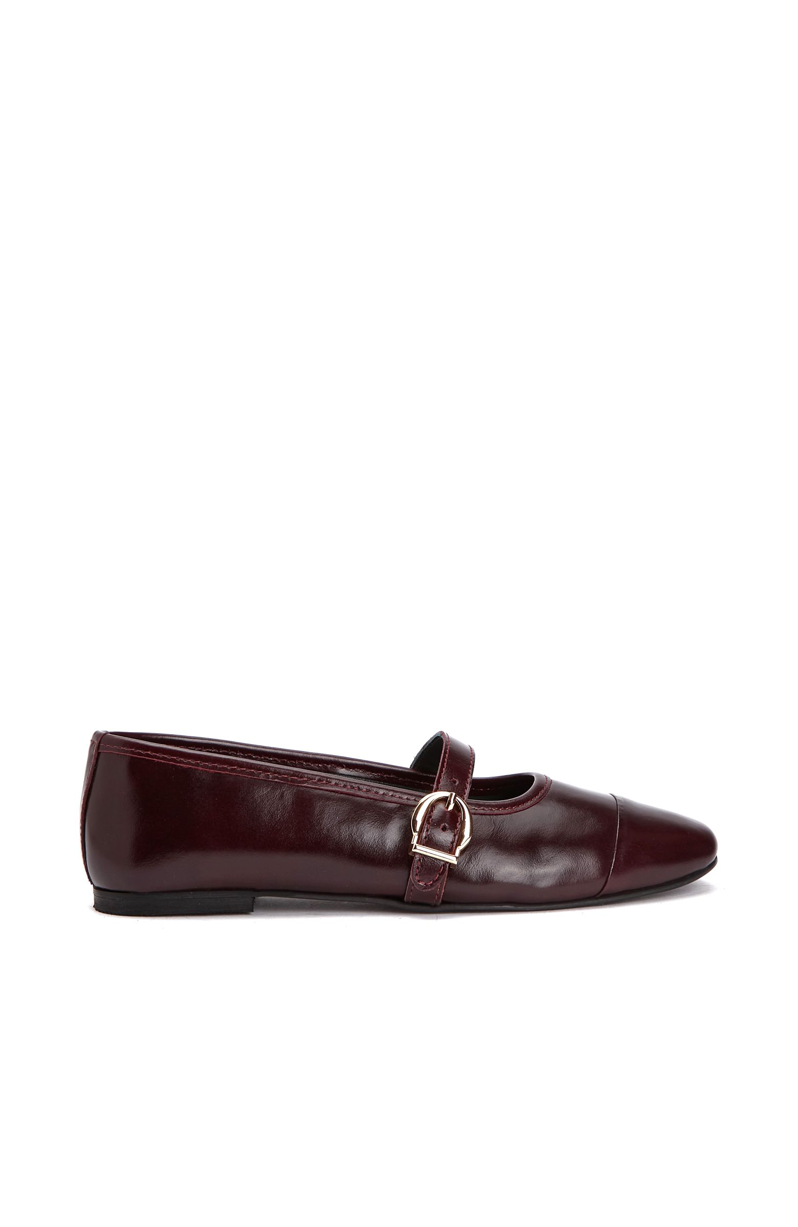 Burgundy Buckle Detailed Women's Leather Ballet Flats