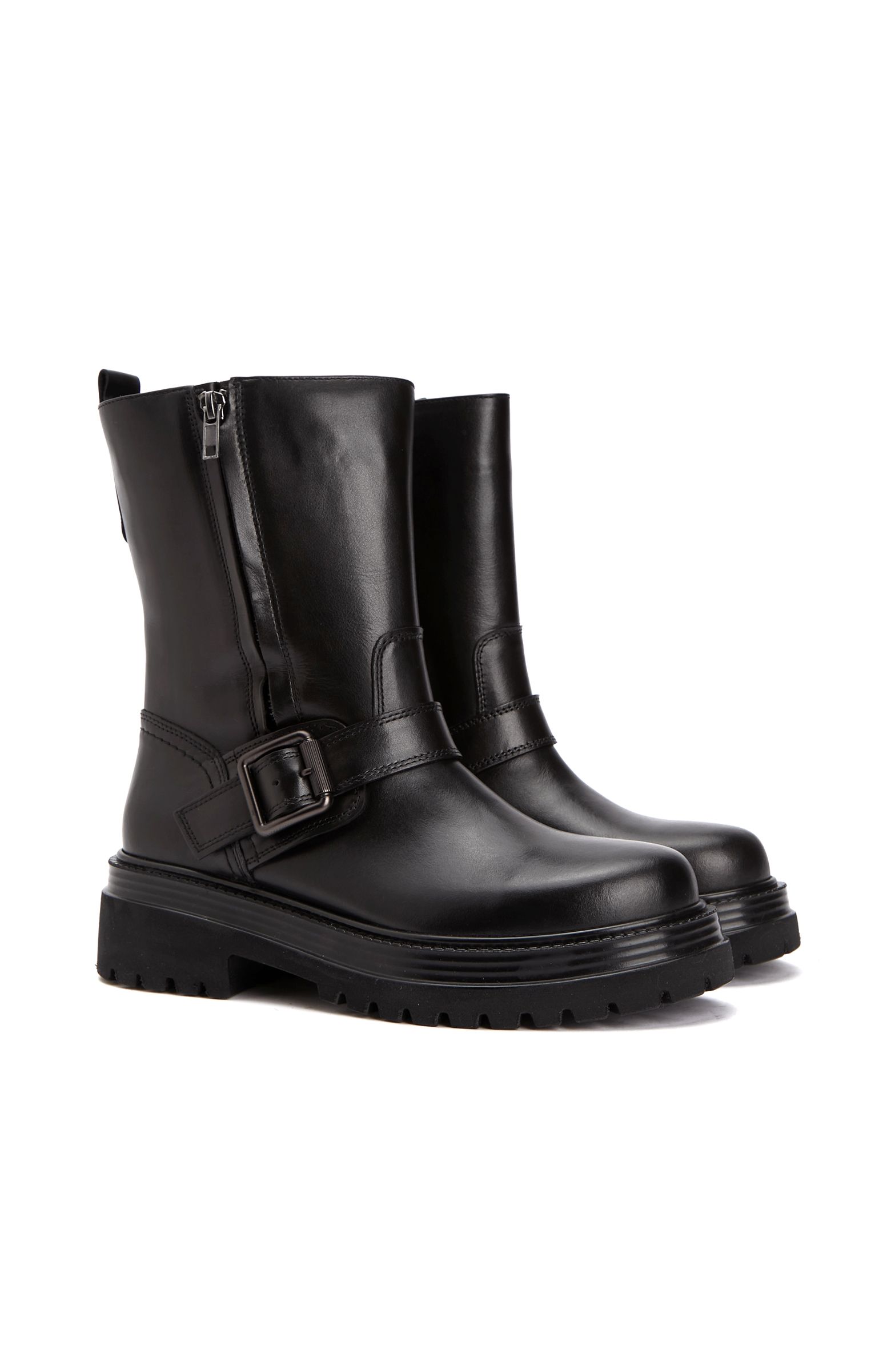 Brown Buckle Detailed Women's Leather Boots