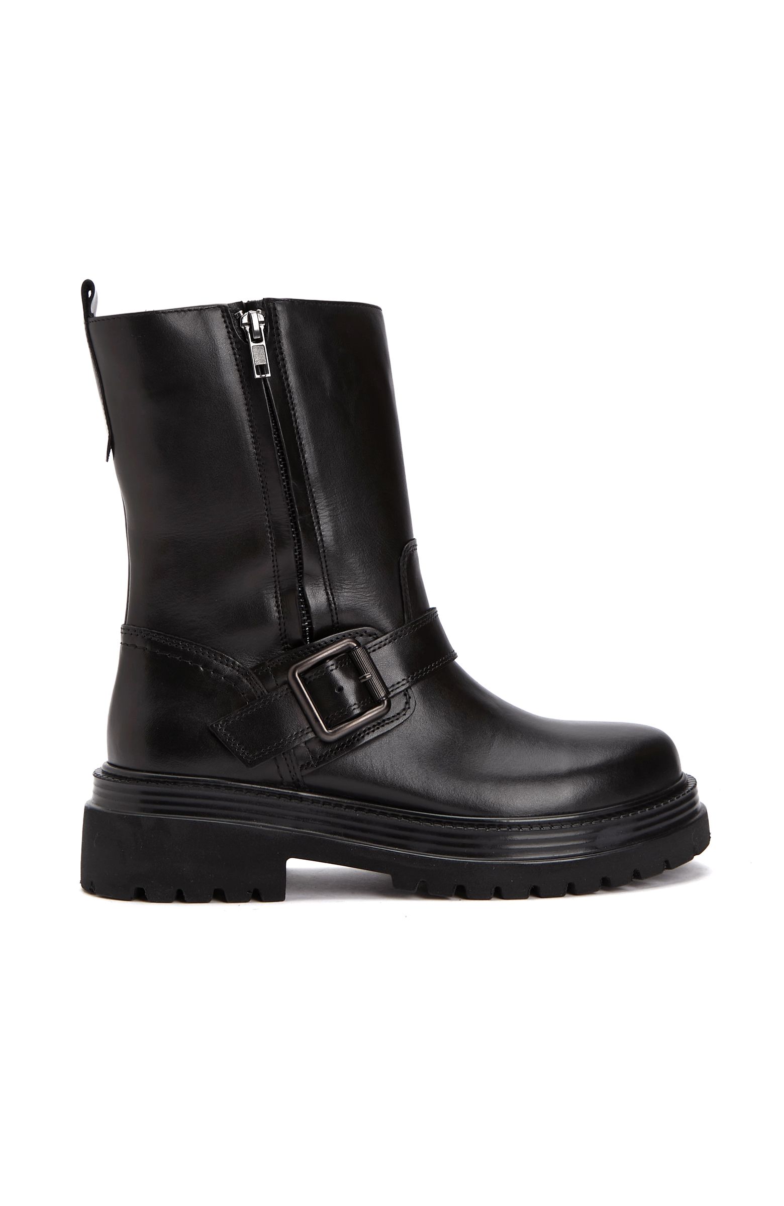 Black Buckle Detailed Women's Leather Boots