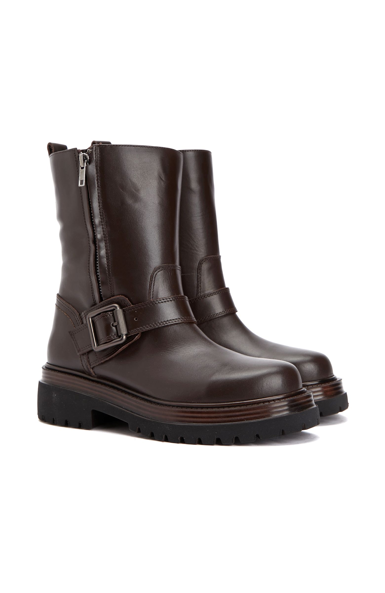 Brown Buckle Detailed Women's Leather Boots